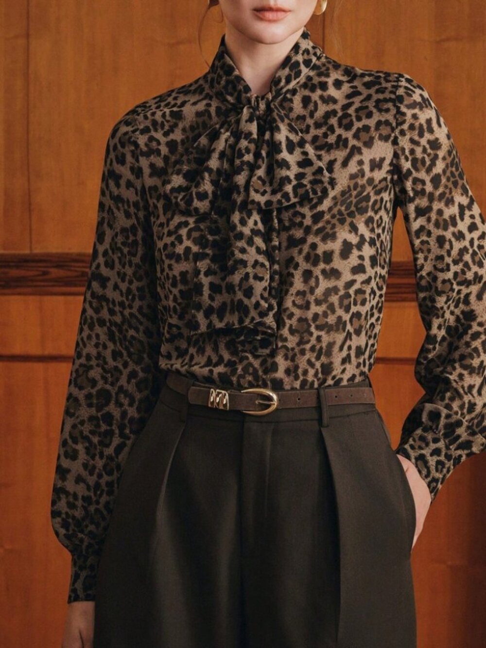 Brown Leopard Print Tie Neck Long Sleeve Blouse